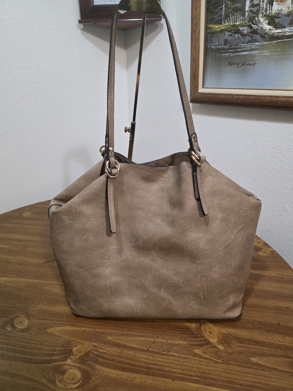 Jenn&co. 2/1 Taupe Shoulder Tote with Gold Hardware Vegan Leather